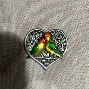Vintage Signed JJ Silver pewter Lovebirds within